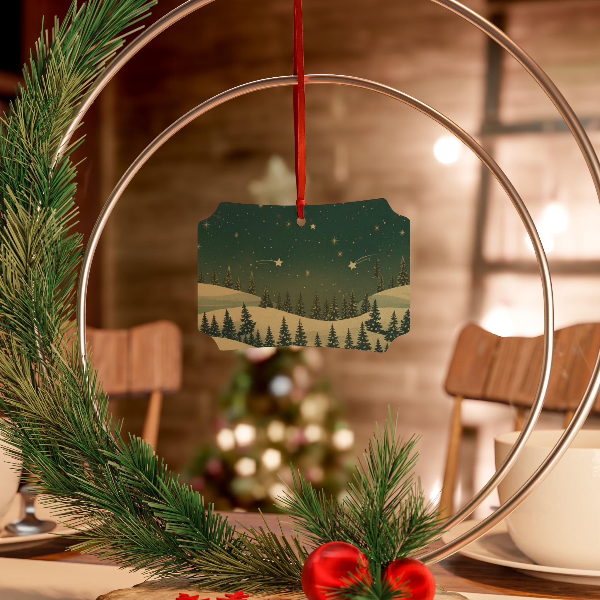 Snowy Pine Forest Aluminum Ornament - Christmas Holiday Collection