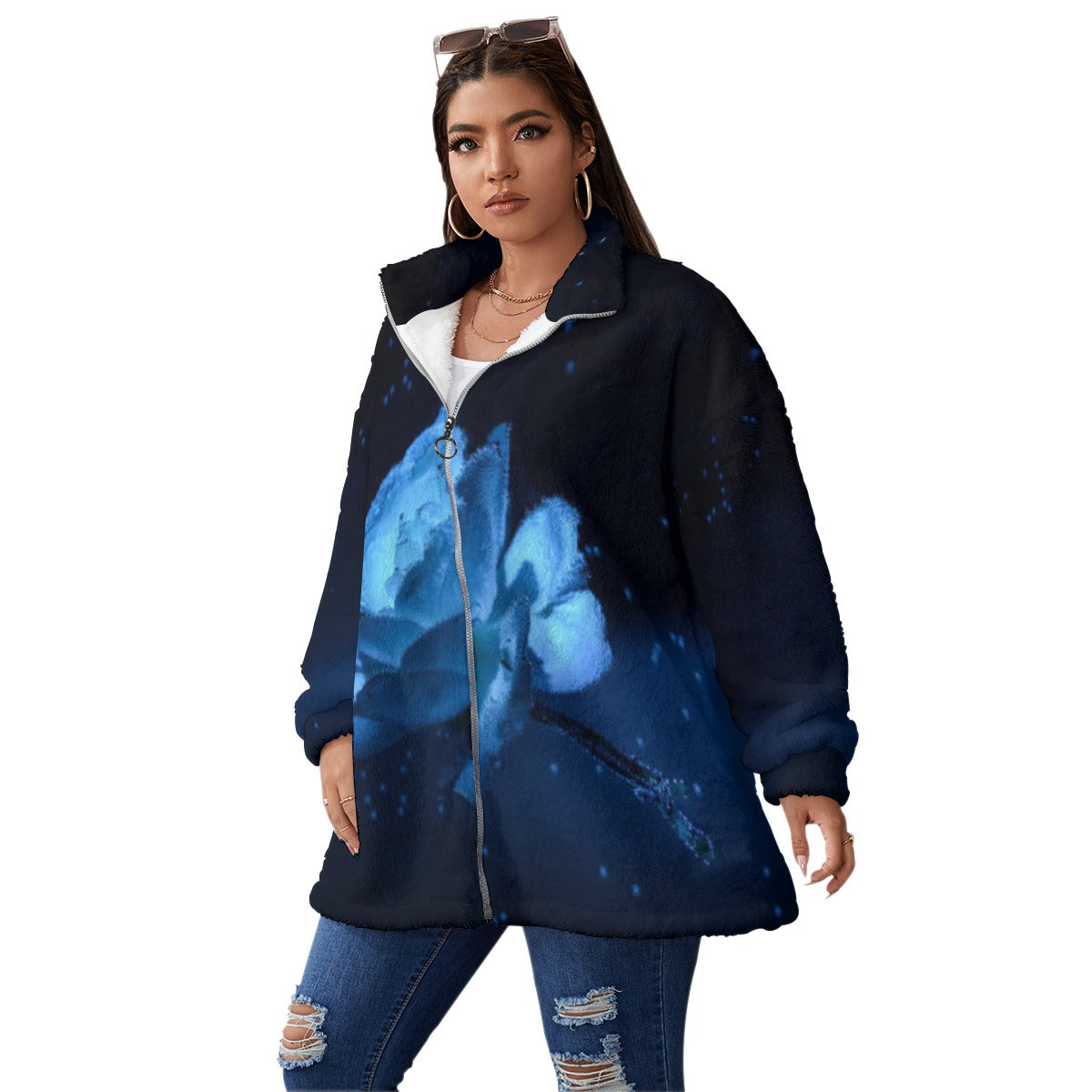 All-Over Print Unisex Borg Fleece Stand-up Collar Coat With Zipper Closure(Plus Size)