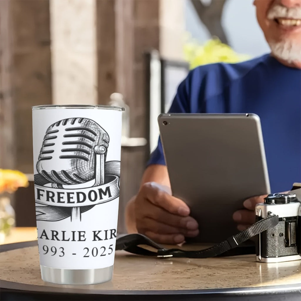 Custom 20OZ Tumbler With Sliding Lid For The USA - Charlie Kirk Freedom Microphone Collection