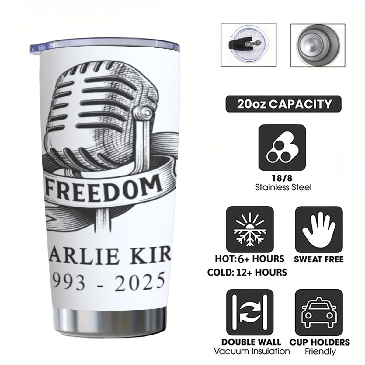 Custom 20OZ Tumbler With Sliding Lid For The USA - Charlie Kirk Freedom Microphone Collection