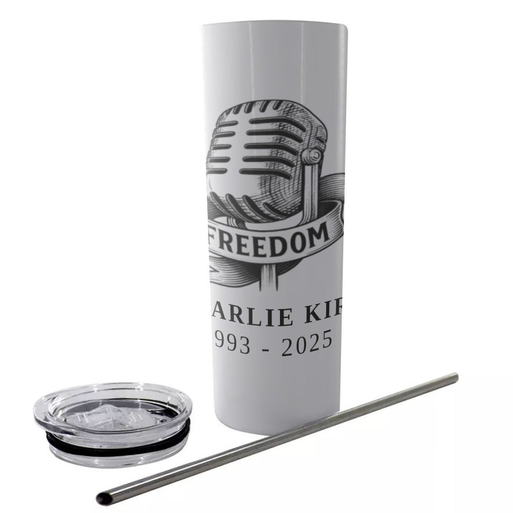 Glitter Tumbler With Stainless Steel Straw 20oz - Charlie Kirk Freedom Microphone Collection