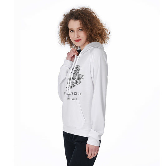 All-Over Print Women's Raglan Pullover Hoodie - Charlie Kirk Freedom Microphone Collection