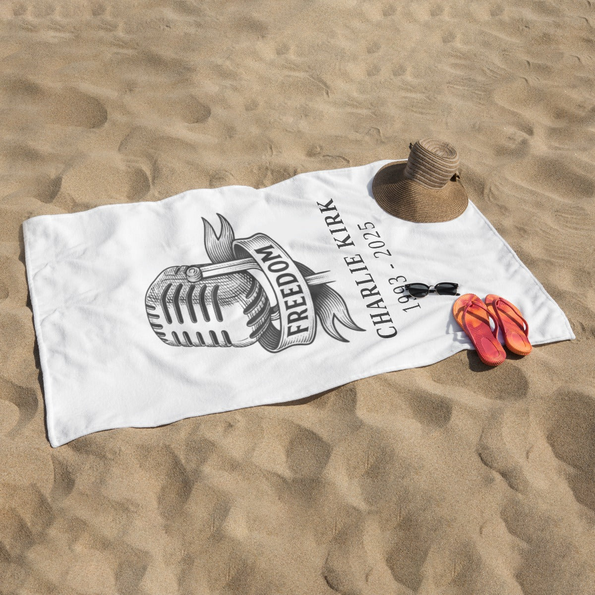 Adult Beach towel Vertical Style For the USA|320GSM - Charlie Kirk Freedom Microphone Collection