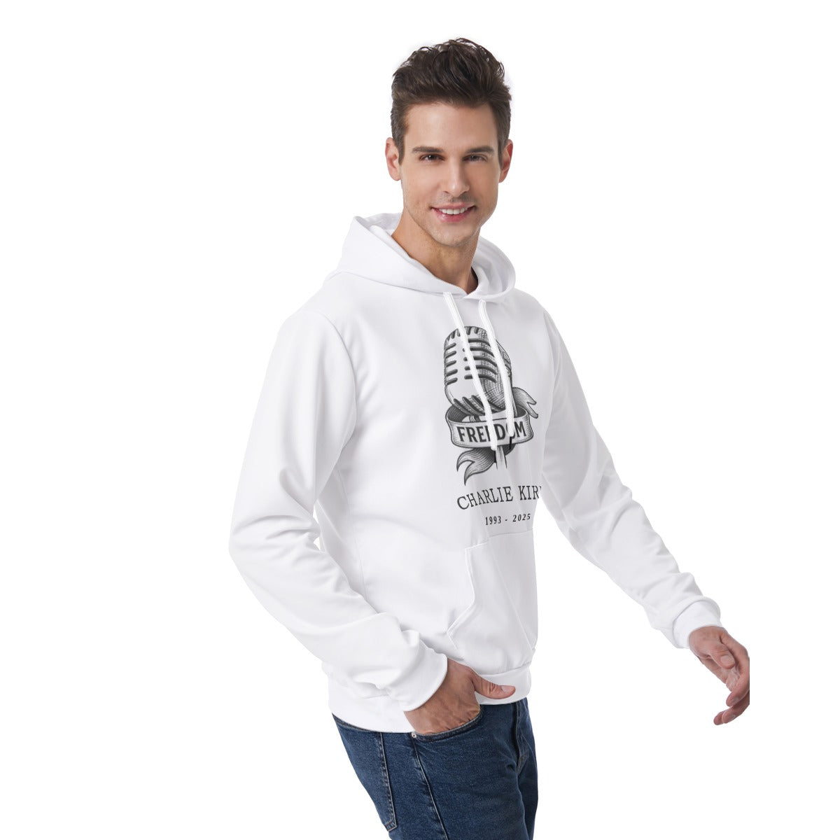 All-Over Print Men's Hoodie With Double-side Print Hood - Charlie Kirk Freedom Microphone Collection