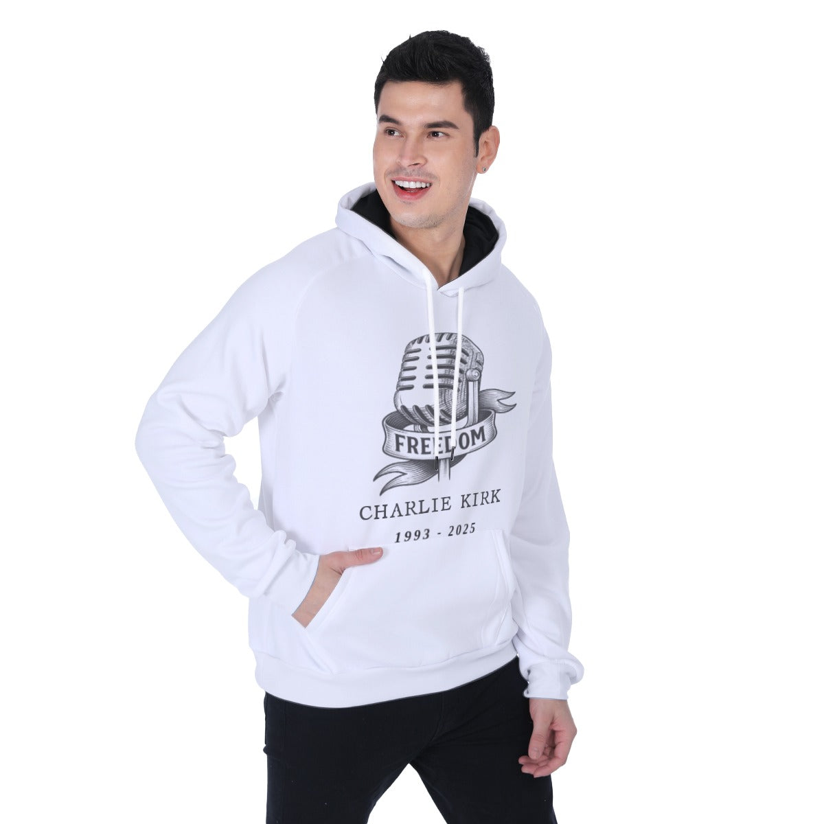 All-Over Print Men's Heavy Fleece Raglan Hoodie - Charlie Kirk Freedom Microphone Collection