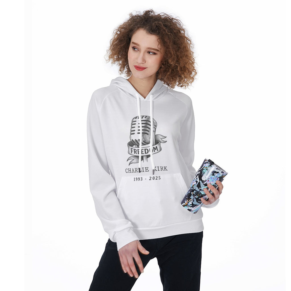 All-Over Print Women's Raglan Pullover Hoodie - Charlie Kirk Freedom Microphone Collection