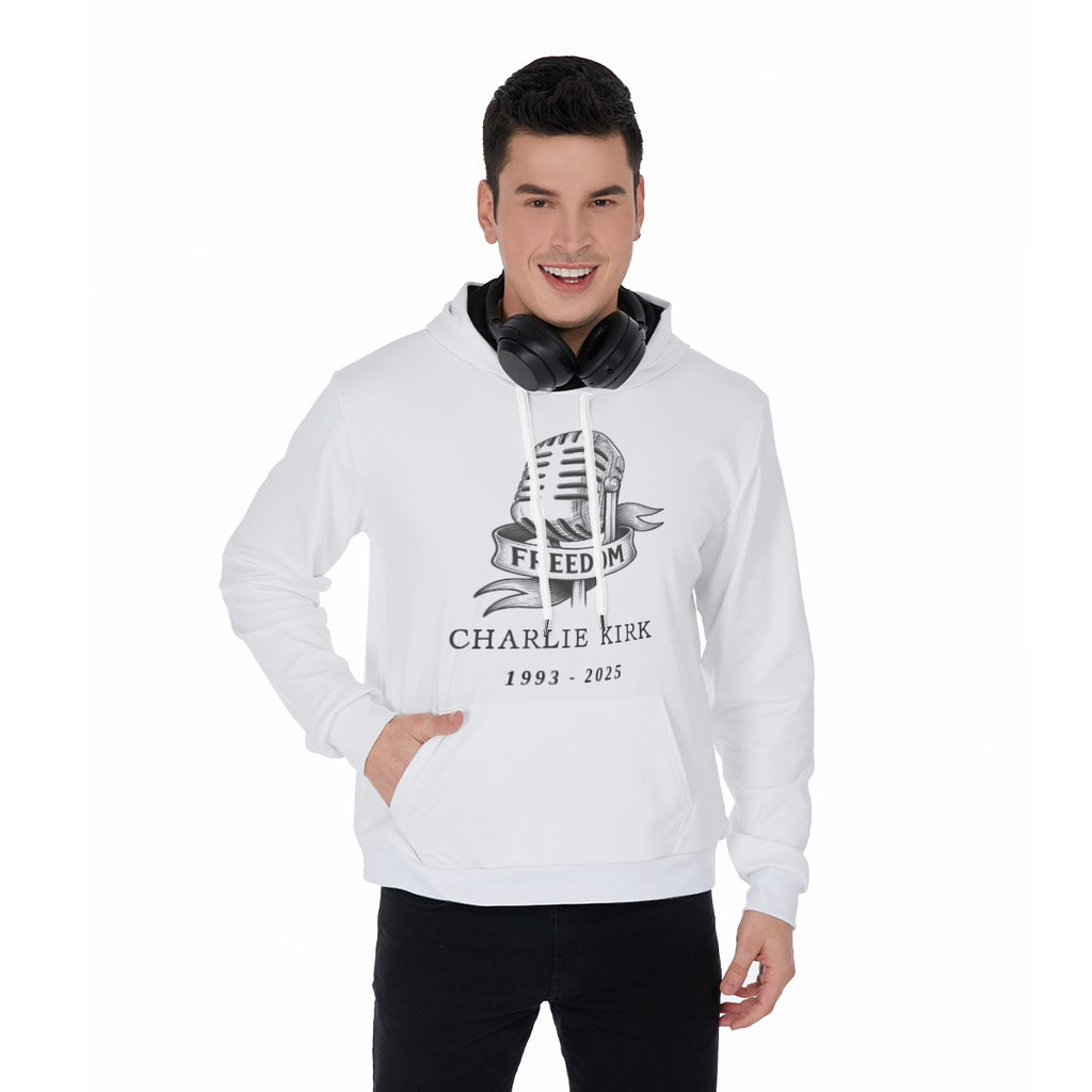 All-Over Print Men's Pullover Hoodie - Charlie Kirk Freedom Microphone Collection